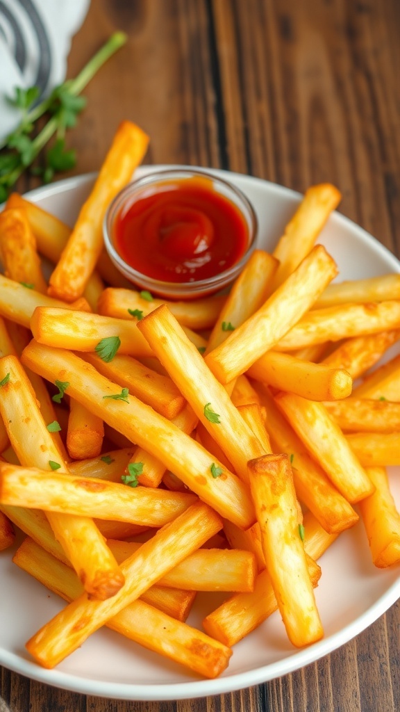 Crispy Air Fryer Homemade Fries Recipe Crispy homemade fries from an air fryer, garnished with herbs, served with ketchup on a rustic table.